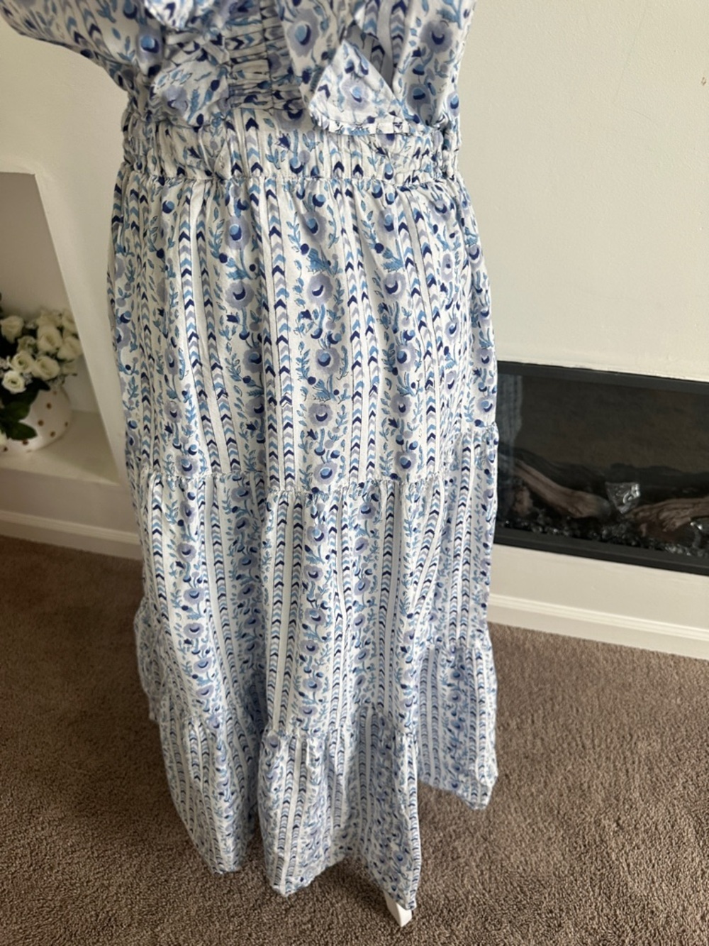 Sleeveless Blue & White Ruffle Maxi Dress - Picture 5 of 9
